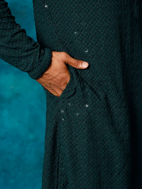 Vastramay Green Schiffli Embroidered Kurta Pyjama Baap Beta Set